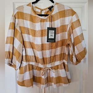 Who What Wear Honey Mustard/White Plaid Top - Medium